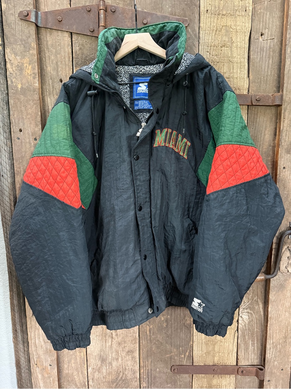 VTG 90s Miami Hurricanes Starter Full Zip Puffer W/Hood Jacket Lg Football